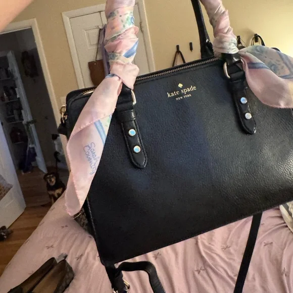 kate spade black leather satchel with pink scarf-wrapped handle - Picture 5 of 6